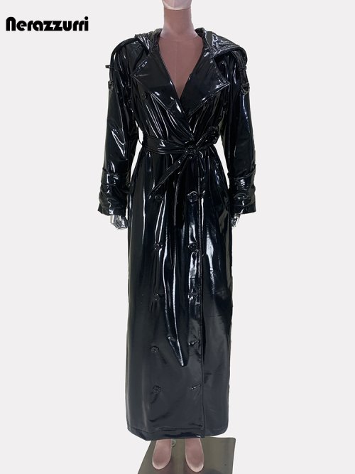 Immagine di Trench da donna in pelle verniciata nera lucida extra lungo con cappuccio e doppio petto, stile autunnale alla moda europea