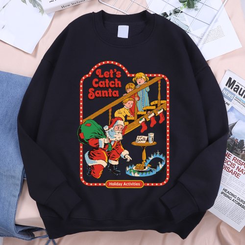 Image of Let's Catch Santa Holiday Comics Print Soft Loose Hoodie for Men and Women – Warm O-Neck Pullover Sweatshirt