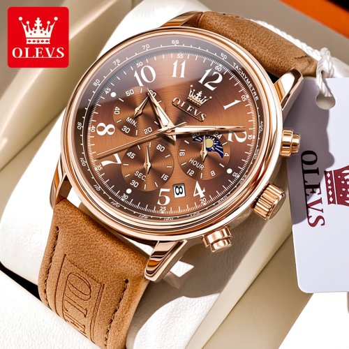Image of Olevs 2912 Men's Quartz Watch with Waterproof Design, Luminous Dial, Chronograph, and Moon Phase Display – Premium Multifunctional Timepiece for Modern Gentlemen