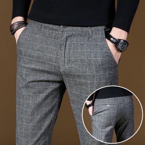 Image of Premium Men's Gray Plaid Straight Fit Dress Pants – Lightweight Summer Casual Slacks for Classic Style and Comfort