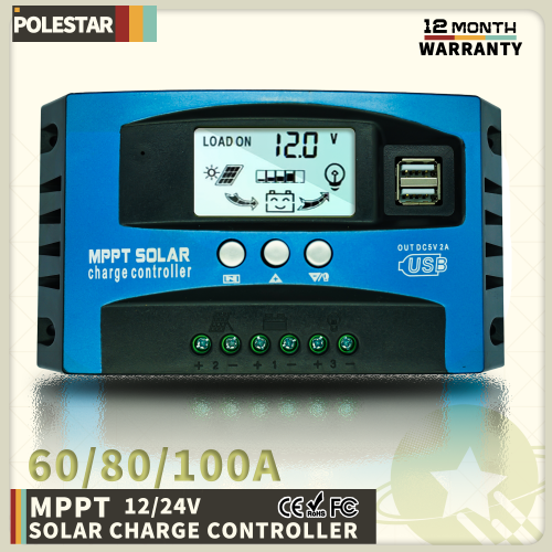 Zdjęcie Polestar Solar Charge Controller 12V 24V 60A 80A 100A Dual USB LCD Display Auto Cell MPPT Panel Charger Regulator With Load