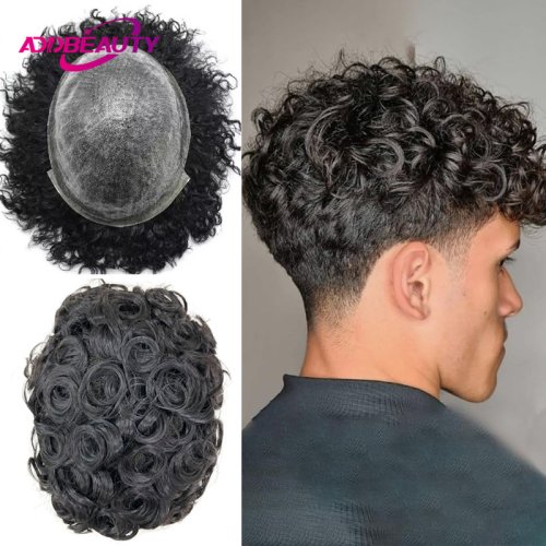 Image of Natural Human Hair Men's Toupee with Curly Indian Remy Hair – Thin Skin Capillary Prosthesis for Seamless Hairline Restoration