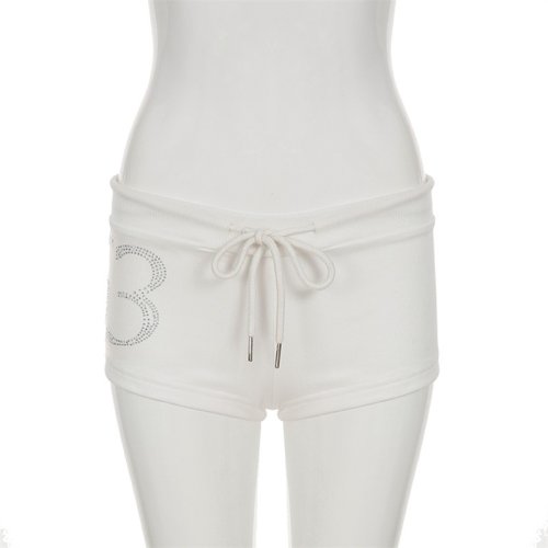 Immagine di Pantaloncini da Donna Casual Estivi con Strass e Stampa Numerica, Pantaloni Corti con Coulisse per Vacanze, Beach Club e Look Y2K Streetwear