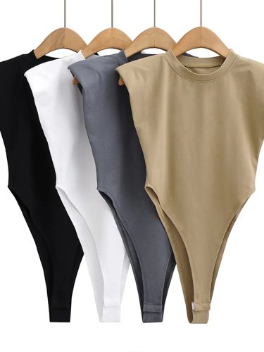 Image of Stylish Summer Bodycon Bodysuit for Women – Sleeveless Padded Shoulder One-Piece Top in Black and White