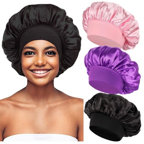 Imagen de Gorro de Satén para Dormir con Banda Elástica Ancha y Suave, Gorro de Seda Colorido para Cuidado del Cabello Rizado y Maquillaje de Belleza para Mujeres