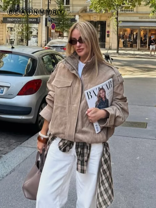Image of Women Loose Suede Jacket Fashion Long Sleeve Pockets Zipper Oversized Bomber Jacket 2025 Autumn Winter Lady High Street Outwear