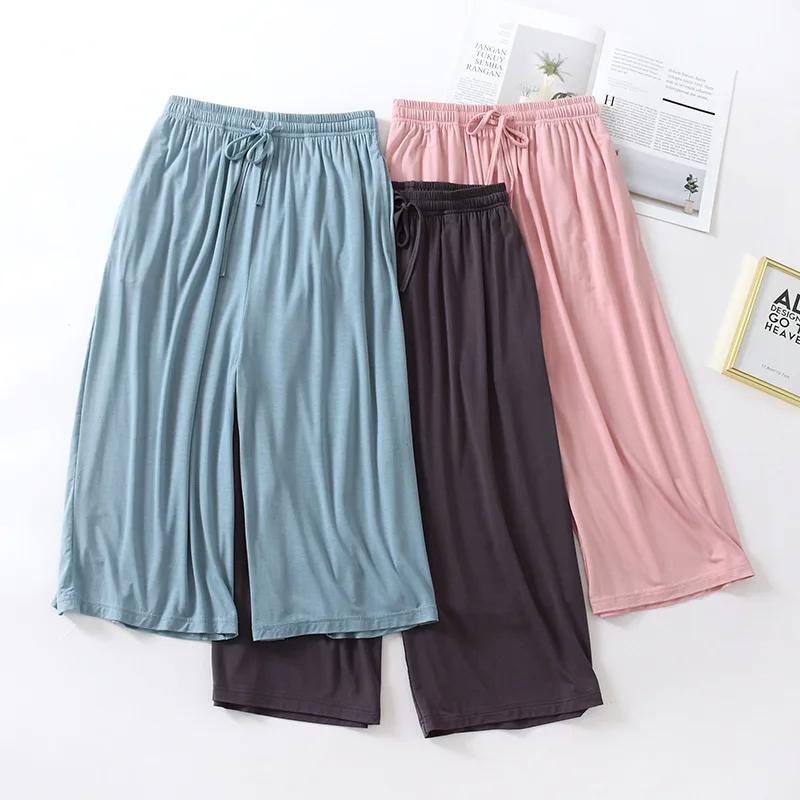 Afbeelding van Zomerse Japanse Stijl Losse Cropped Broek voor Dames - Modale Dunne Shorts met Wijde Pijpen, Effen Kleur, Grote Maat, Comfortabele Thuisbroek