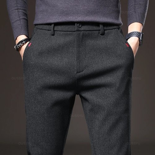 Image of Men's Autumn Casual Stretch Cotton Trousers with Elastic Waist, Slim Fit, Thick Gray and Black Business Fashion Pants