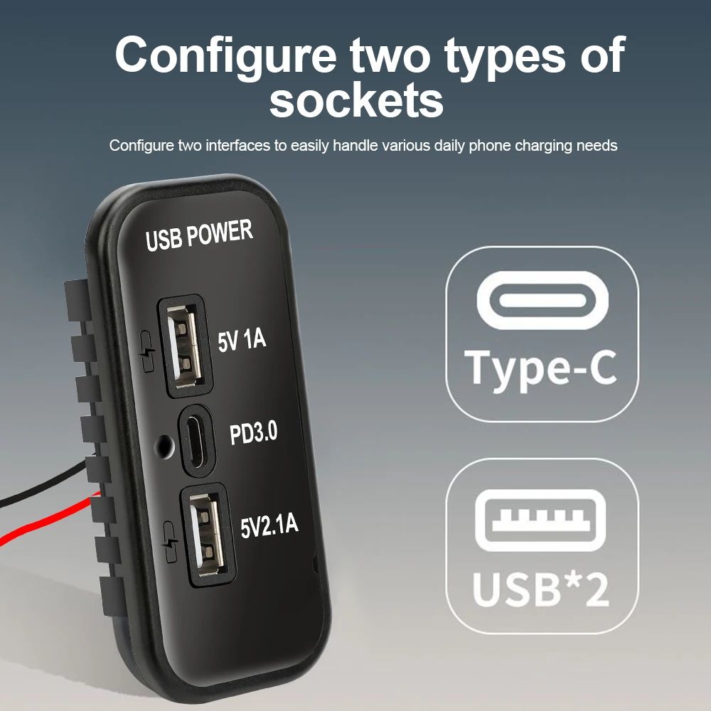 Afbeelding van 12V USB Oplader met Type-C PD 3.0 en QC 3.0, 3-poorts Snellaadstation voor Auto, Motorfiets, Marine en Vrachtwagen