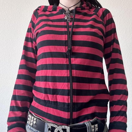 Bild von Y2K Gestreifter Kapuzenpullover für Frauen – Gothic Emo Streetwear