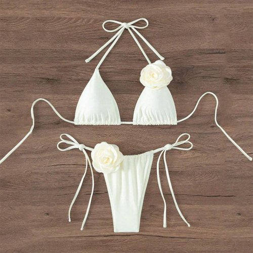 Image of Elegant 3D Floral Halter Strappy Bikini Set – Sexy Two-Piece Swimwear for Women