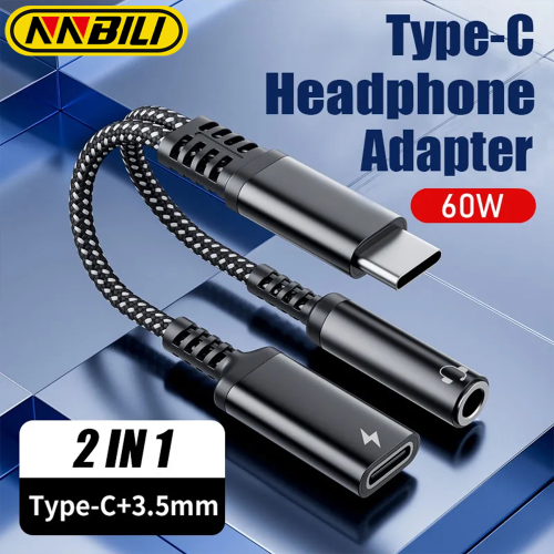 Imagen de Adaptador USB Tipo C 2 en 1 con Jack 3.5mm y Cable de Carga Rápida PD 60W para Auriculares y Teléfonos iPhone 15, Samsung, Xiaomi