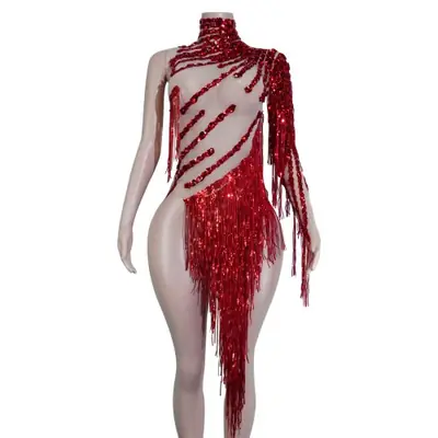 Image de Robe de Danse Scintillante à Franges - Tenue de Spectacle Femme