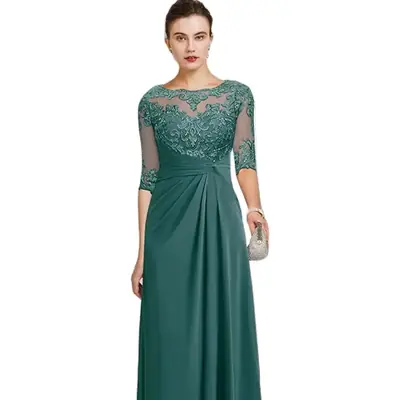 Image de Robe de Soirée Élégante en Mousseline de Soie - Col Bijou & Dentelle