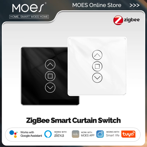 Afbeelding van Moes Tuya Zigbee Smart Gordijnschakelaar met 2.5D Glas Touchpaneel – RF433 & ARC Ondersteuning, App & Afstandsbediening, Werkt met Alexa en Google Home