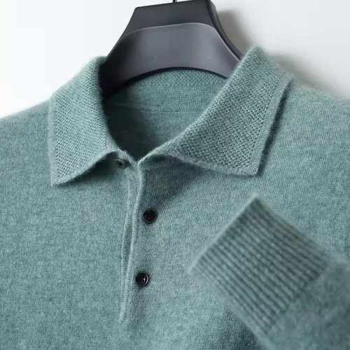 Image of Men's 100% Merino Wool Knit Cardigan Sweater with Lapel Collar, Long Sleeve Polo Neck Pullover, Loose Fit Oversized Top for Cold Weather