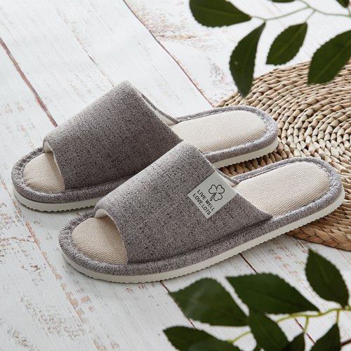 Image of Open Toe Linen Slippers Men Spring and Summer Indoor Home Bedroom Breathable Comfortable Lightweight Home Shoes for All Seasons