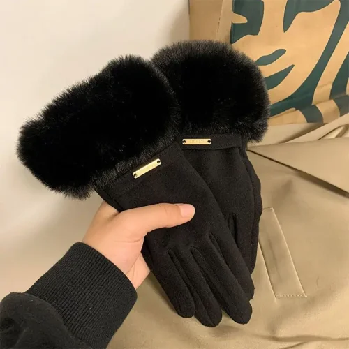 Bild von Winter Frauen Warm Halten Plus Samt Touchscreen Verdicken Plüsch Handgelenk Wildleder Handschuhe Mode Persönlichkeit Elegante Stick Radfahren