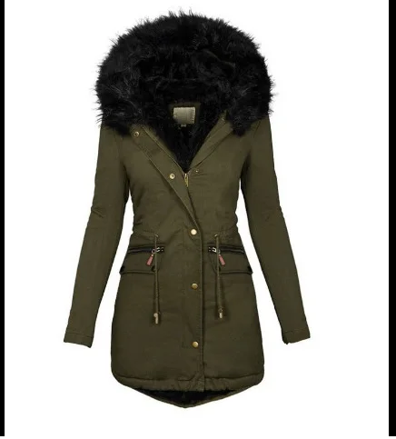Immagine di Parka Donna con Cappuccio e Collo in Pelliccia Finta, Taglio Sottile con Cerniera, Abbigliamento Invernale Elegante e Caldo per Autunno e Inverno