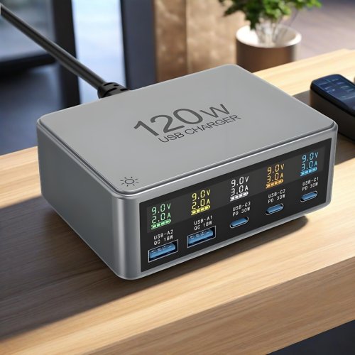 Afbeelding van Multifunctionele 120W Desktoplader met Digitaal Display en PD 30W + QC 3.0 voor Snel Opladen van iPhone, Android & Tablet