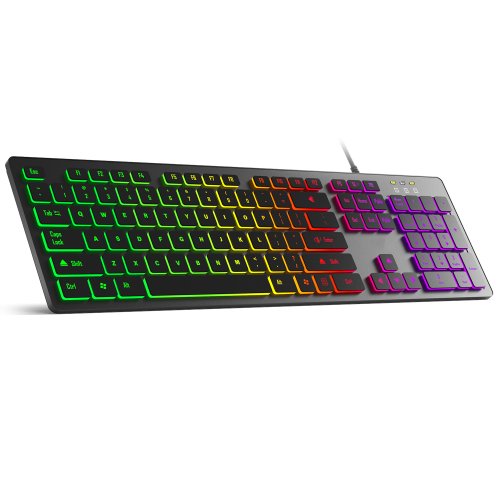 Imagen de Teclado para juegos con retroiluminación RGB, silencioso y con cable USB, ideal para oficina y hogar, disponible en múltiples idiomas incluyendo ruso, francés, español, alemán, árabe e inglés