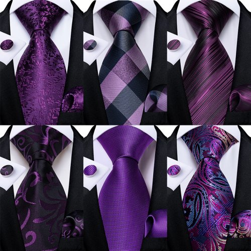 Image of Elegant Purple Floral Paisley Silk Necktie Set for Men – Formal Business, Wedding & Party Wear with Matching Pocket Square