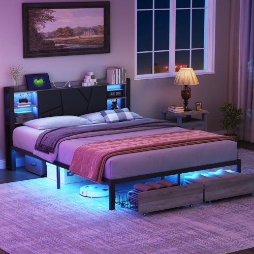 Image of Modern Upholstered Bed with Storage Drawers, LED Lighting, PU Leather & Iron Frame, USB Charging Port – Double Size Bed Frame Without Mattress