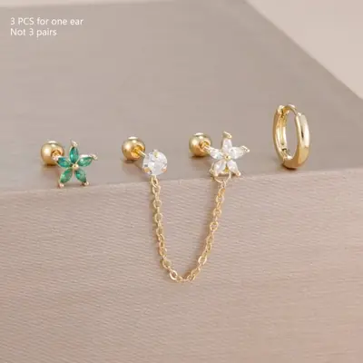 Image de Boucles d'oreilles élégantes 3 pièces - Zircon & Or 14K