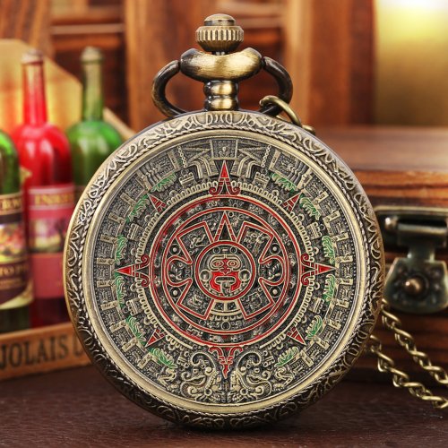 Bild von Bronzefarbene Maya-Aztekensymbolik mit vergoldetem Münzquarz: Elegante Taschenuhr mit 80 cm Halskette und 38 cm Taillenkette – Spirituelle Kalenderkunst als Trageaccessoire