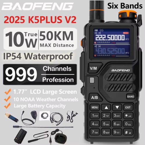 Immagine di 2025 Baofeng UV-K5 Plus Walkie Talkie 12W ad alta capacità AM FM Radio bidirezionale Full Band LCD 999CH Frequenza Copia NOAA Riduzione del rumore