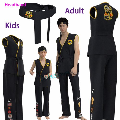 Zdjęcie Kostium Karate Kid Daniel LaRusso i Johnny Lawrence – Czarny Mundur Karate z Pałąkiem na Głowę, Przebranie Cobra Kai dla Dzieci i Dorosłych