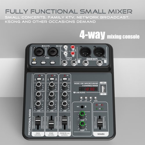 Bild von 4-Kanal-Audiomixer mit 48 V Phantomspeisung, USB-Interface, Bluetooth und DJ-Funktionen – Ideal für Studio, Karaoke und Live-Events