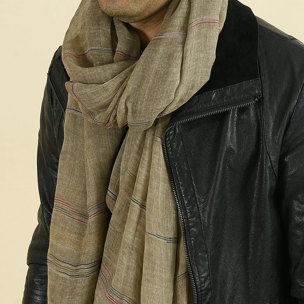 Imagen de Bufanda de moda para hombre, bufandas a rayas teñidas con hilo de lino y algodón para hombre, Mantón largo con borlas, accesorios para hombre para Otoño e Invierno