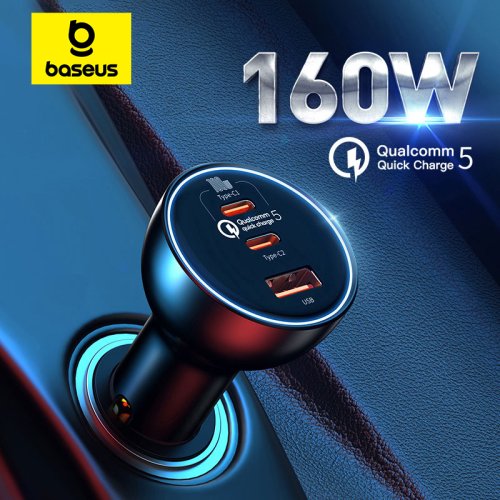 Image of Baseus 160W Car Charger with QC 5.0, PPS, PD3.0, USB-C Fast Charging for iPhone 13, 14, 15 Pro, Laptops, Tablets – High-Power Dual Port Vehicle Charger