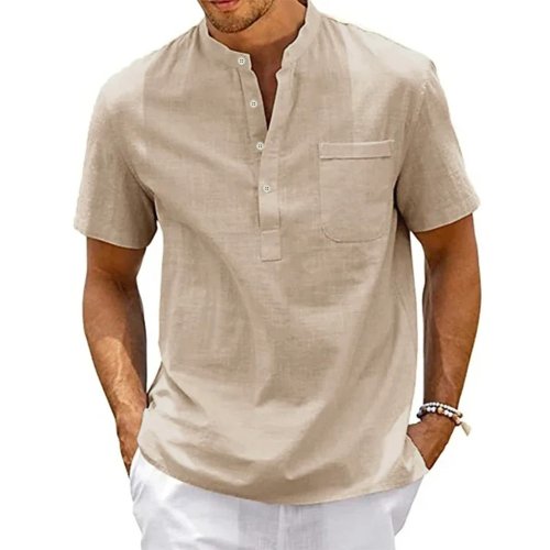 Camicia in cotone e lino da uomo con collo a Henley, tasca casual da spiaggia, manica corta, tinta unita, top da uomo, t-shirt vintage streetwear