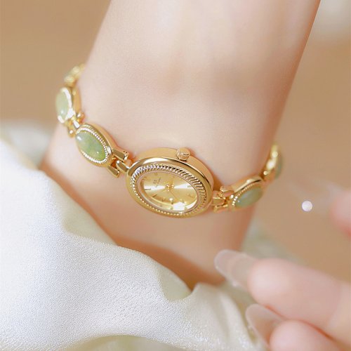 Image of Elegant Women's Luxury Watch with Natural Hotan Jade and Dongling Stone Bracelet – Waterproof Retro Design with Advanced Chain for a Timeless Gift