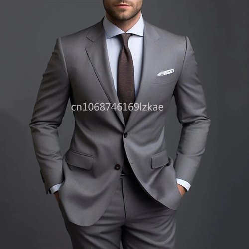 Image of Elegant Grey Men's Formal Suit with Notched Lapel – Slim Fit Two-Piece Tuxedo for Wedding, Business, and Special Occasions