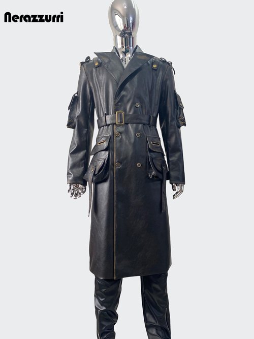 Bild von Stilvoller Schwarz Trenchcoat für Herren – Luxus PU Leder mit Gürtel
