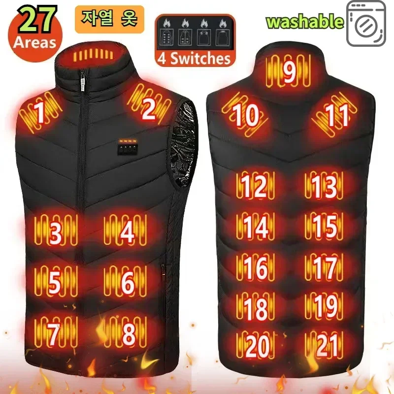 Imagen de Chaleco calefactor de 27 zonas, chaqueta de invierno para hombre, chaqueta eléctrica inteligente sin mangas con USB, ropa autocalentable, Abrigo acolchado cálido para nieve para mujer