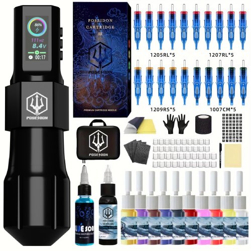 Image of Professional Wireless Tattoo Pen Kit with Rechargeable Tattoo Machine for Permanent Makeup and Body Art – Poseidon Series