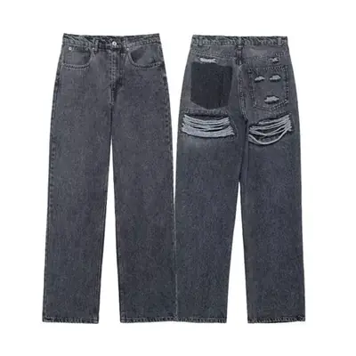 Image de Jeans Femme Déchirés Taille Haute Bleu Denim Patchwork