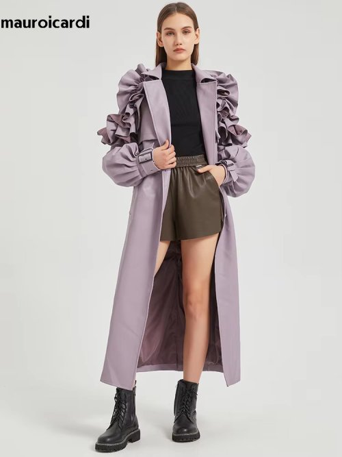 Image of Elegant Extra Long Black Ruffled Faux Leather Coat with Belt for Women – Soft, Chic, and Luxurious Designer Overcoat 2025