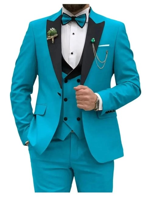 Immagine di Completo da Uomo Blu Slim Fit Doppio Petto con Blazer, Gilet e Pantaloni – Abito Elegante per Matrimonio, Ballo di Fine Anno e Occasioni Formali