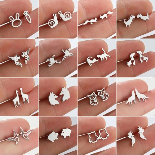 Zdjęcie Minimalistyczne Kolczyki Sztyfty ze Stali Nierdzewnej – Znaki Zwierząt: Królik, Pies, Kot, Dinozaur – Idealne dla Kobiet, Biżuteria do Piercingu, Oorbellen w Stylu Ślimaka