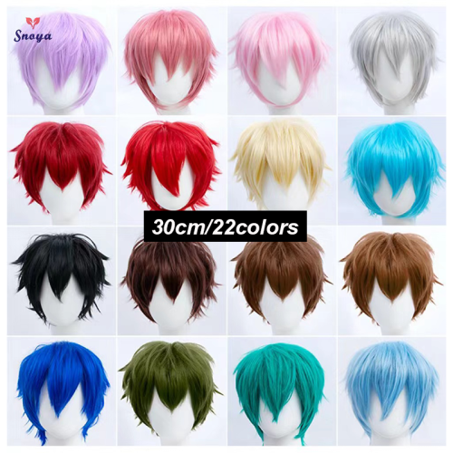 Imagen de Peluca de Cosplay corta sintética Snoya, pelo en capas esponjoso y esponjoso con puntas, rosa, rojo, azul, púrpura, peluca para fiesta de Halloween para hombres y mujeres