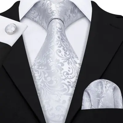 Image de Ensemble Cravate Homme Soie Jacquard Noir Blanc Gris Argent