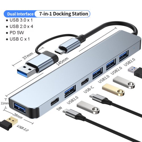 Image of USB C Hub USB Hub 3.0, Aluminum 7 in 1 USB Extender, USB Splitter with USB 3.0, 4 X USB 2.0 and 2 USB C Ports USB Distributor