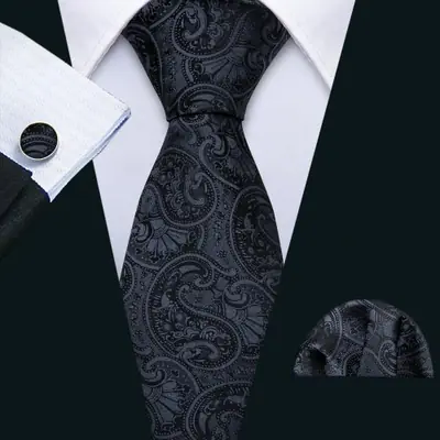 Image de Cravate Noire Soie + Boutons de Manchette - Ensemble Élégant Homme