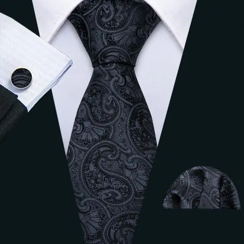 Image de Cravate Noire Soie + Boutons de Manchette - Ensemble Élégant Homme