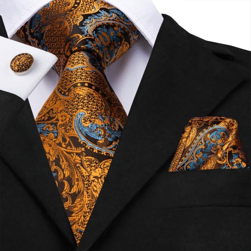 Bild von Hochwertiges Herren-Krawatten-Set mit floraler Schwarz-Gold-Paisley-Musterung – Luxus Krawatte, Einstecktuch und Manschettenknöpfe für Hochzeit, Party und formelle Anlässe
